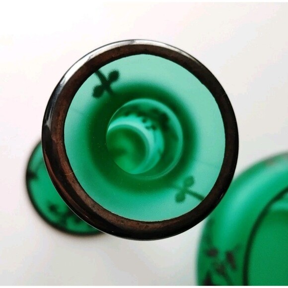 VTG TIFFIN SATIN GREEN CONSOLE BOWL WITH SILVER OVERLAY + 2 COORD. CANDLESTICKS - Picture 8 of 10